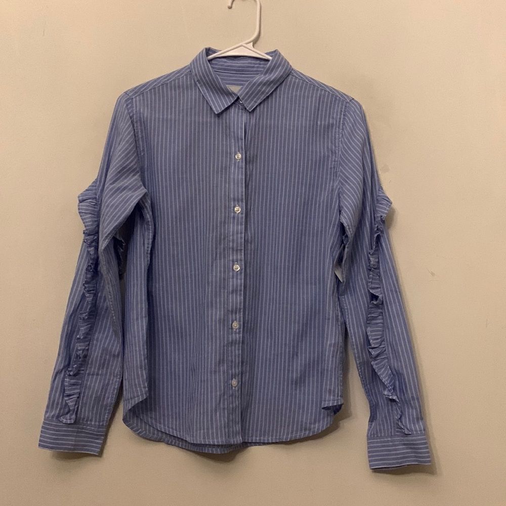 Rails blue white stripe long sleeve with ruffle blouse Size XS New